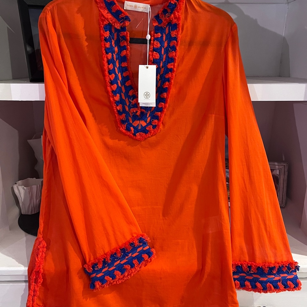 Tory Burch Samba Orange and Blue Embellished Tunic with Mandarin Collar